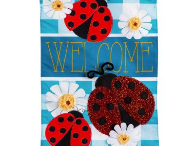 Ladybug Plaid Welcome House Flag